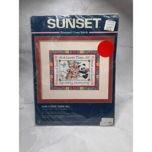 Vtg Dimensions Sunset Stamped Cross Stitch Kit God Loves Them All Baby Animals
